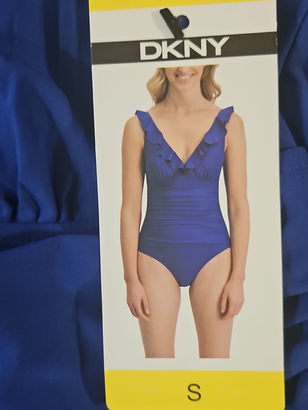 DKNY One Piece Slimming Design With Ruffles And Rushing Blue Swim Suit